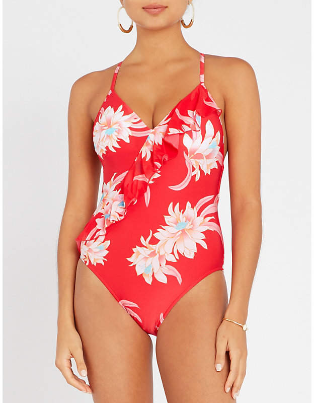Floral-print frill swimsuit