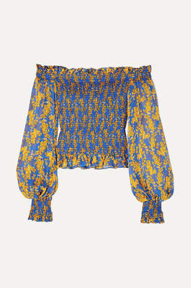 Caroline Constas Damaris Off-the-shoulder Shirred Printed Silk-chiffon Top - Blue