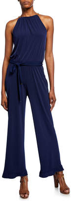 MICHAEL Michael Kors Chain Halter-Neck Ruffle Wide-Leg Jumpsuit MICHAEL Michael Kors Chain Halter-Neck Ruffle Wide-Leg Jumpsuit