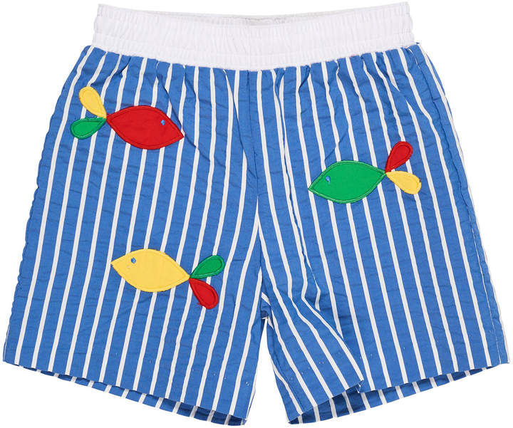 Striped Fish-Embroidered Swim Trunks, Size 6-24 Months