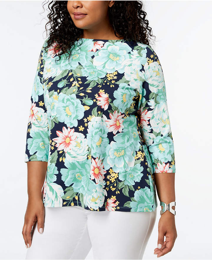 Plus Size Floral-Print Boat-Neck Top, Created for Macy's