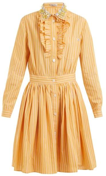 Embellished-collar striped cotton shirt dress