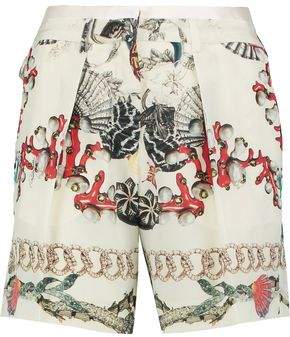 Pleated Printed Washed-Silk Shorts