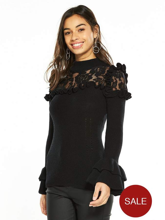 V By Very Petite Lace Yoke Knitted Jumper - Black