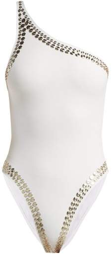 Mio Studded One Shoulder Swimsuit - Womens - White