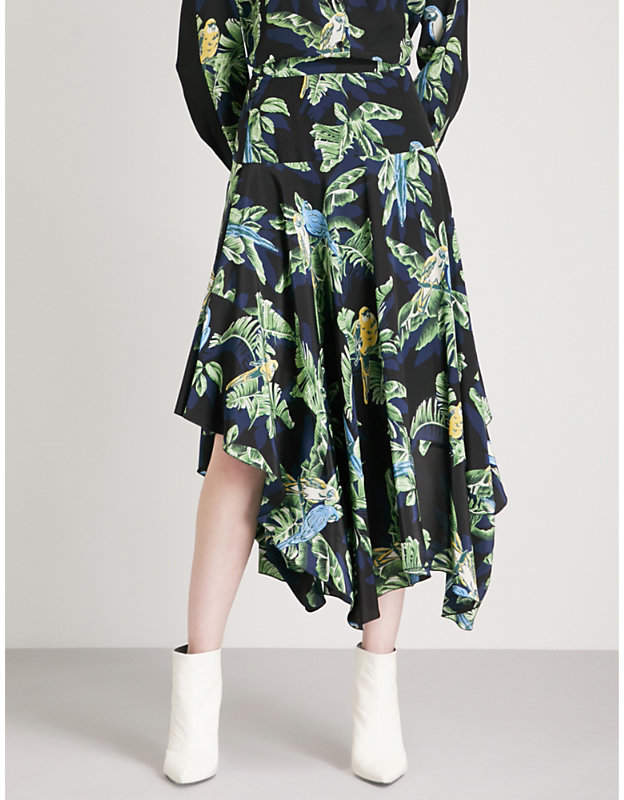 Parrot-print silk midi skirt