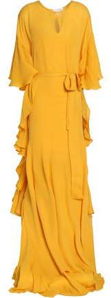 Draped Ruffled Silk-Chiffon Gown