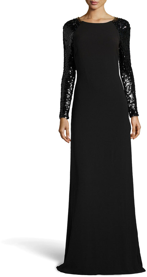 Halston Open-Back Long-Sleeve Knit Gown, Black - ShopStyle Evening
