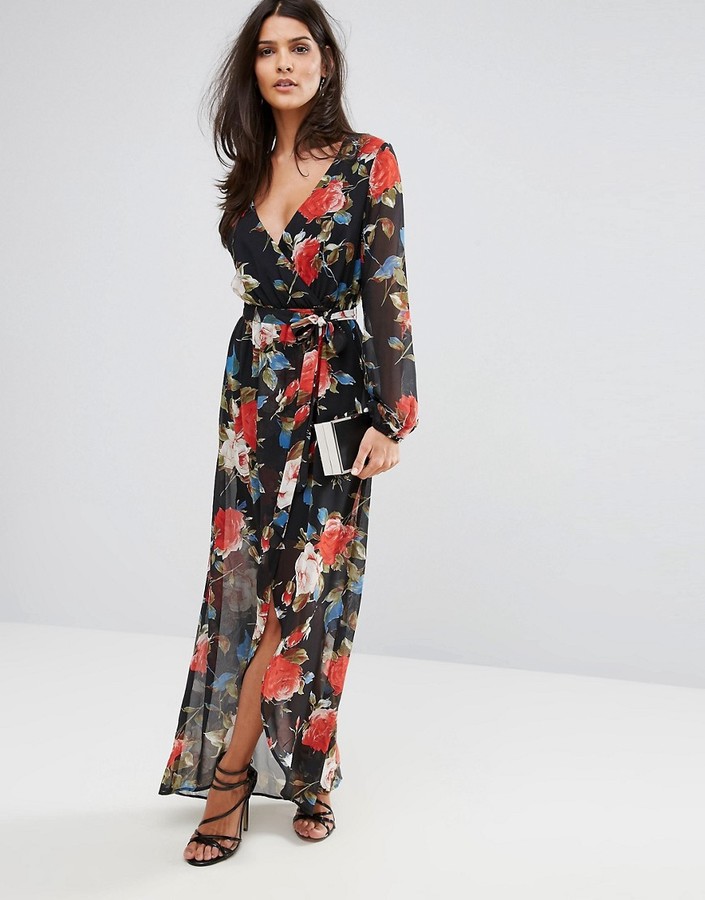 Wrap Front Maxi Dress In Floral Print