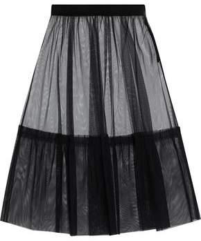 Ruffle-Trimmed Pleated Tulle Midi Skirt