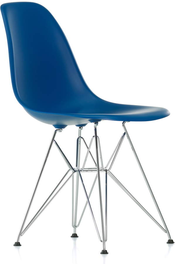 Eames Plastic Side Chair DSR (H 43 cm), verchromt / Marineblau, Kunststoffgleiter basic dark (Teppichboden)