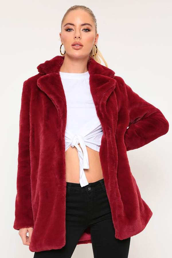 Isawitfirst Burgundy Faux Fur Longline Coat