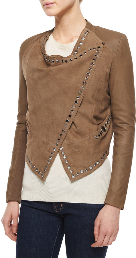 Neiman Marcus Grommet-Detail Draped Leather Jacket - ShopStyle Women