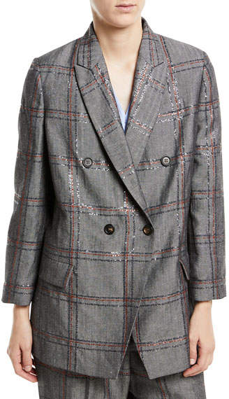 Cotton/Linen Check Paillette Blazer Jacket