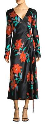 Floral Long Sleeve Woven Silk Wrap Dress