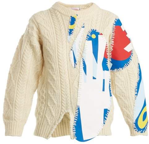 CHARLES JEFFREY LOVERBOY Print-appliqué cable-knit wool-blend sweater