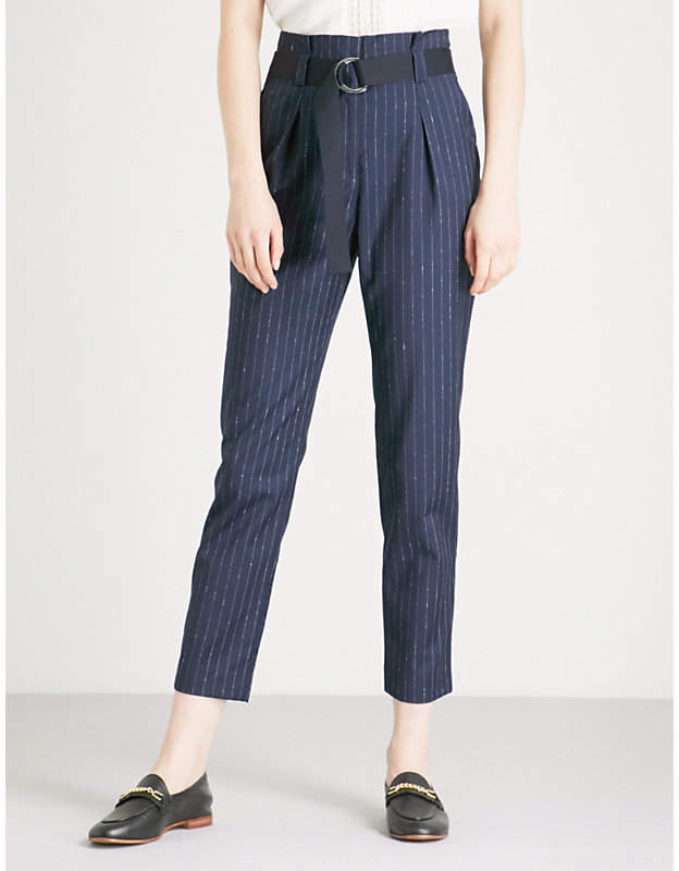 Pinstriped tapered high-rise wool-blend trousers