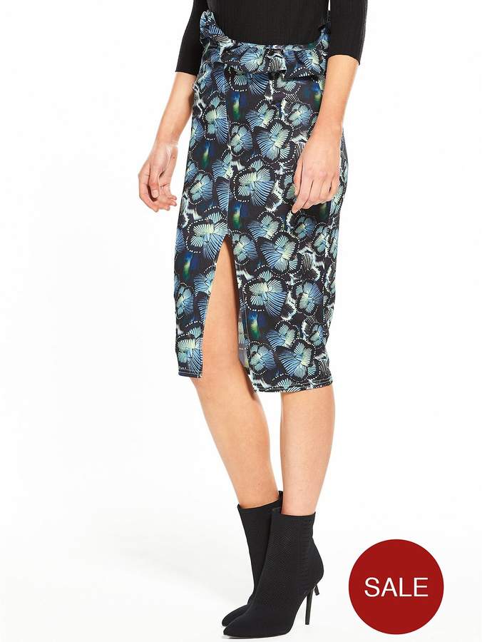 Lost Ink Butterfly Print Ruffle Pencil Skirt