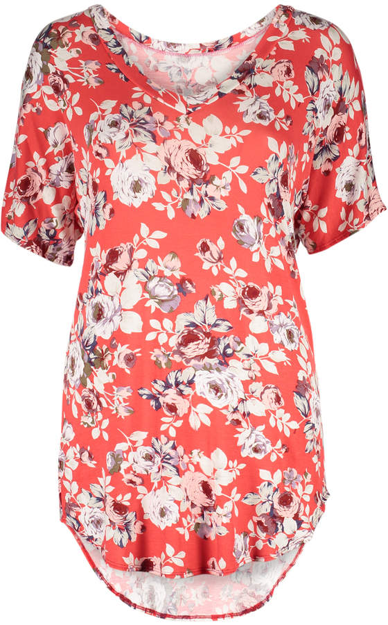 Coral Floral V-Neck Top - Women