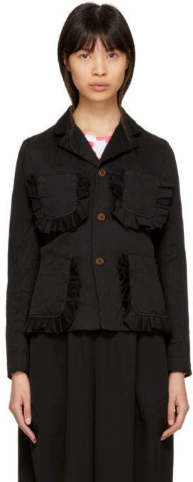 Black Ruffle Pocket Crinkle Blazer Jacket