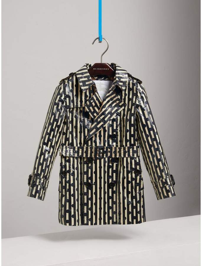 Laminated Spot and Stripe Print Trench Coat