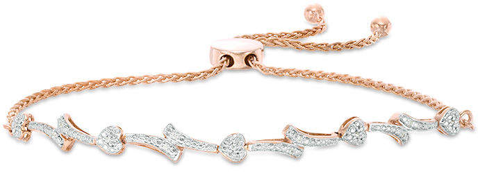 1/10 CT. T.W. Diamond Bypass Heart Bolo Bracelet in Sterling Silver with 14K Rose Gold Plate - 10.5
