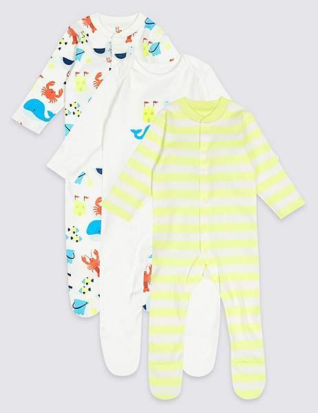 3 Pack Pure Cotton Sea life Sleepsuits