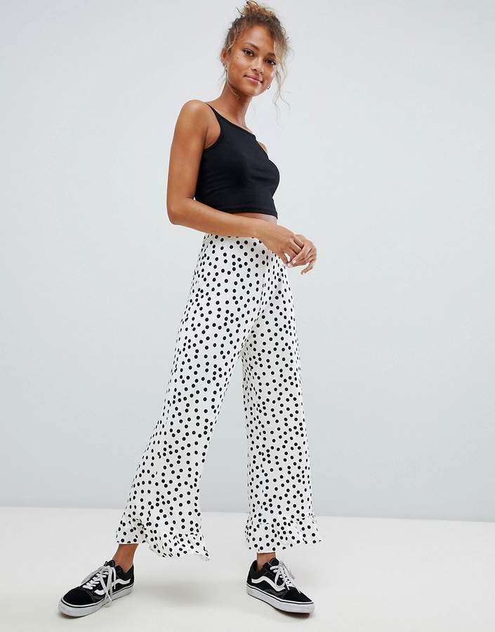 DESIGN pants with fluted ruffle hem in polka dot