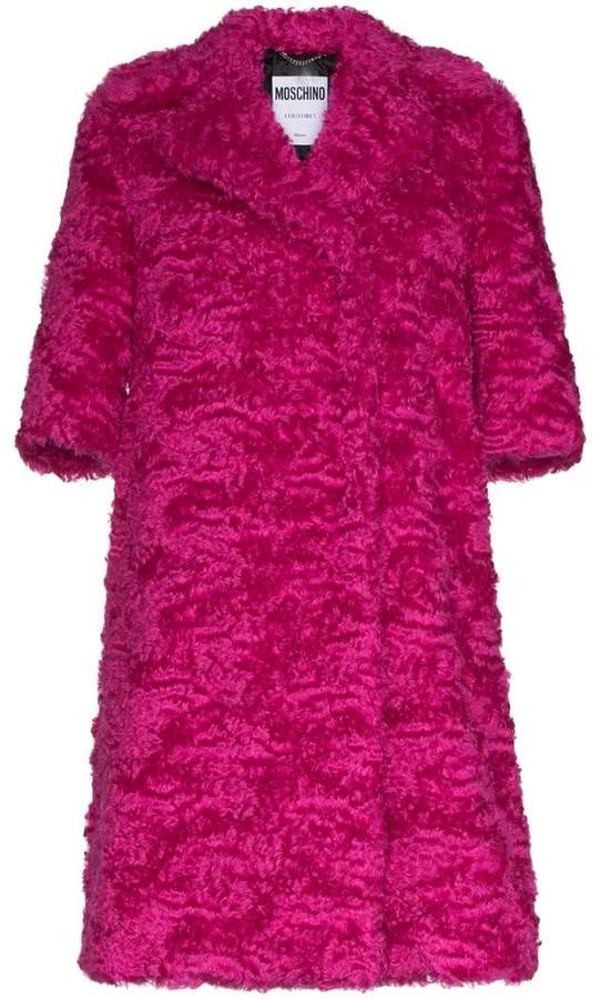 Mid-sleeve faux-fur mohair blend coat