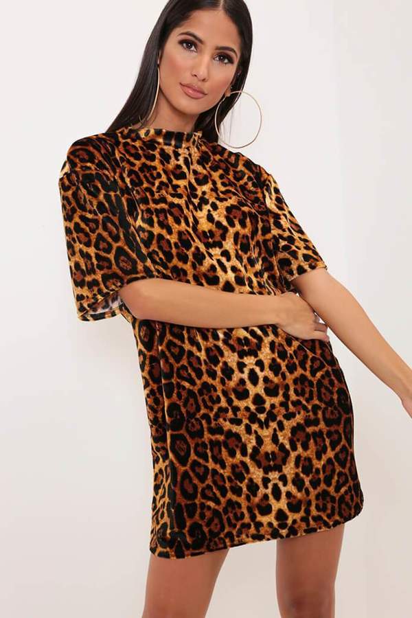 Isawitfirst Brown Classic Leopard Print Velvet T-Shirt Dress