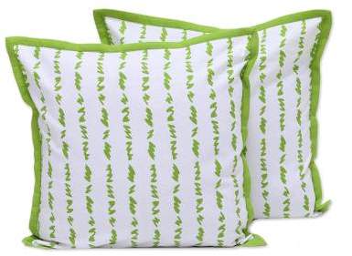 Green Grass Green and White Cotton Printed Grass Pair of Cushion Covers