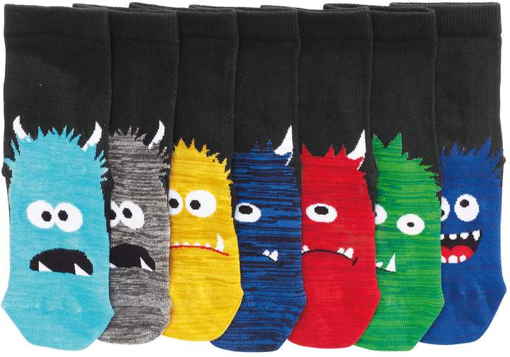 Boys Black Monster Face Socks Seven Pack (Older Boys) - Black