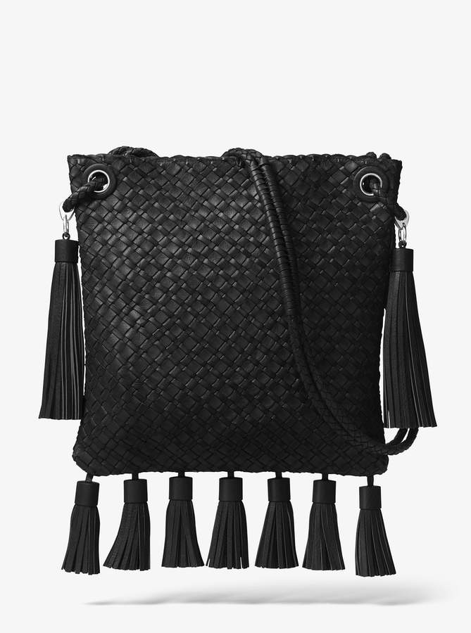 Michael Kors Hutton Woven Leather Tassel Crossbody - BLACK - STYLE