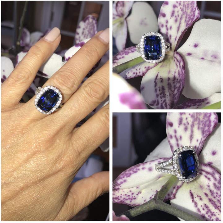 Etsy Sapphire Engagement Ring 6.50ct Long Cushion Cut Sapphire .85ct Moissanites Halo ring 14k Gold Splt