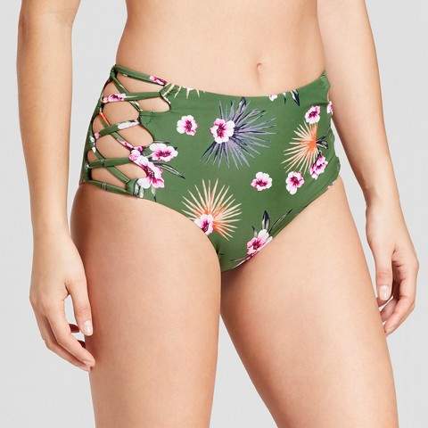 Tori Praver Seafoam Floral Strappy Cheeky High Waist Bikini Bottom