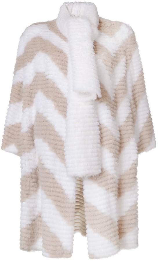 chevron pattern fur coat with scarf detail