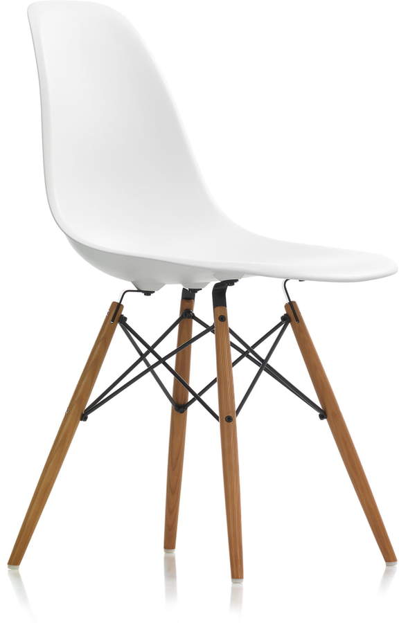 Eames Plastic Side Chair DSW (H 43 cm), Esche honigfarben / Weiß, Kunststoffgleiter Weiß