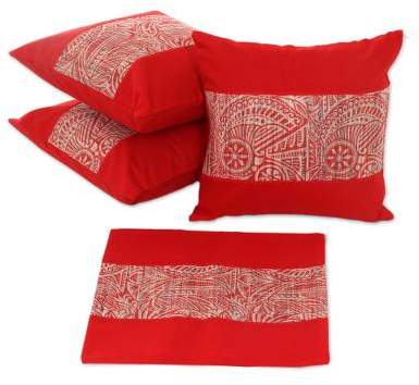 Oriental Red Hand Crafted Red Cotton Cushion Covers (Set of 4)