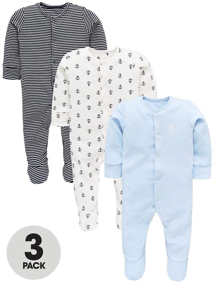 Mini V By Very Baby Boys Stripe & Anchor 3 Pack Sleepsuits