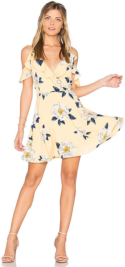 Flower Print Cold Shoulder Flare Dress in Yellow