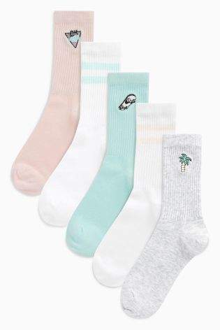 Boys Multi Embroidered Sports Socks Five Pack (Older Boys) - Pink