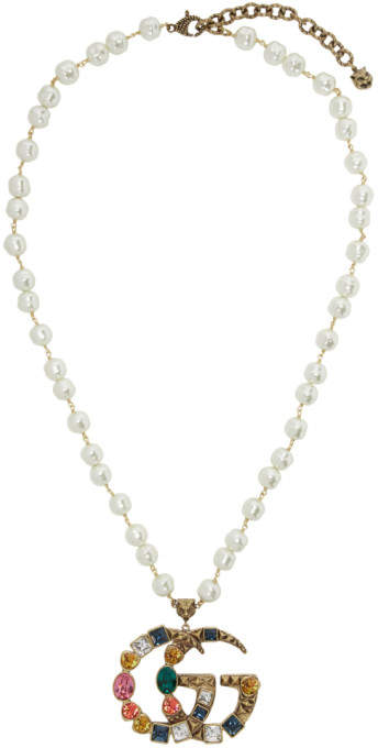 Gold Crystal Pearl Gg Pendant Necklace
