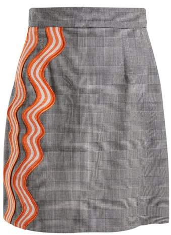 Checked wave-appliqué wool skirt