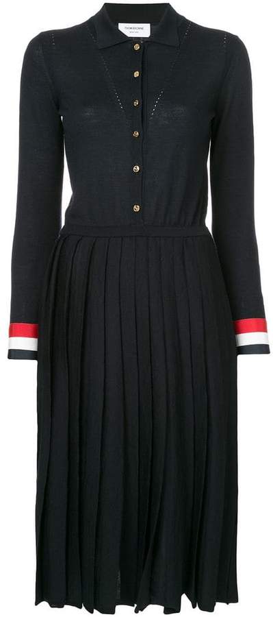 Long Sleeve Pleated Bottom Polo Dreshort Sleeve With Red, White And Blue Grosgrain Cuff In Fine Merino Wool