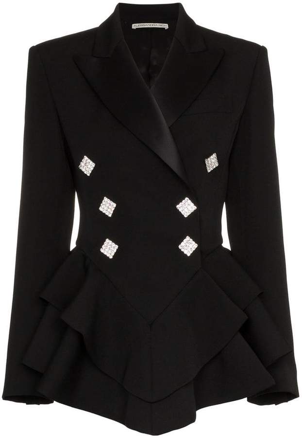 Alessandra Rich Ruffle crystal button wool tuxedo jacket
