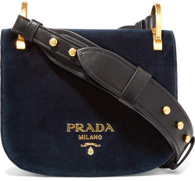 Pionnière Leather-trimmed Velvet Shoulder Bag - Midnight blue