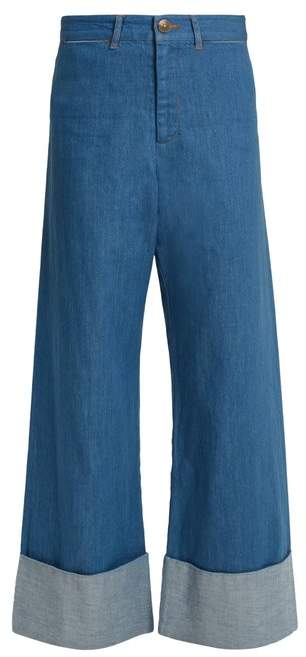 Wide-leg turn-up cuff denim cropped jeans