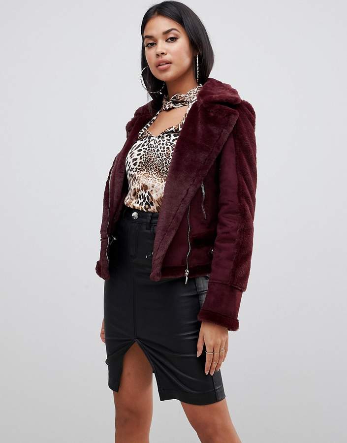 aviator jacket with faux fur lining in burgundy