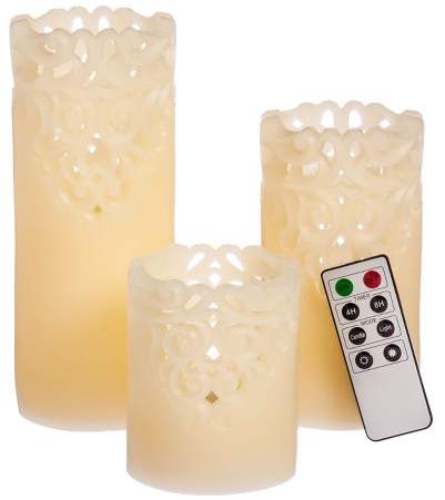 3ct Engraved LED Pillar Candles Ivory