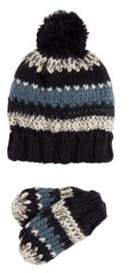 Striped Knitted Bobble Hat and Mittens Set